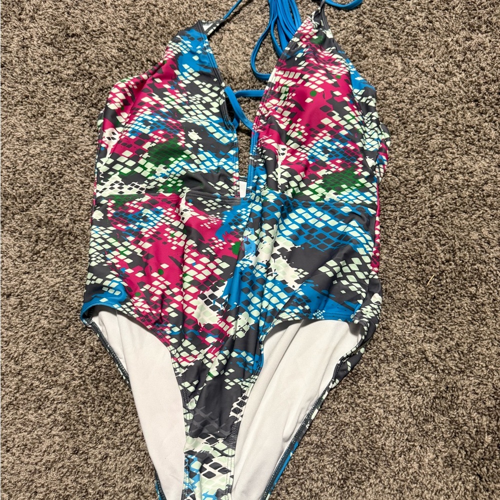 Pink and Blue One Piece Swimsuit with Halter Neck